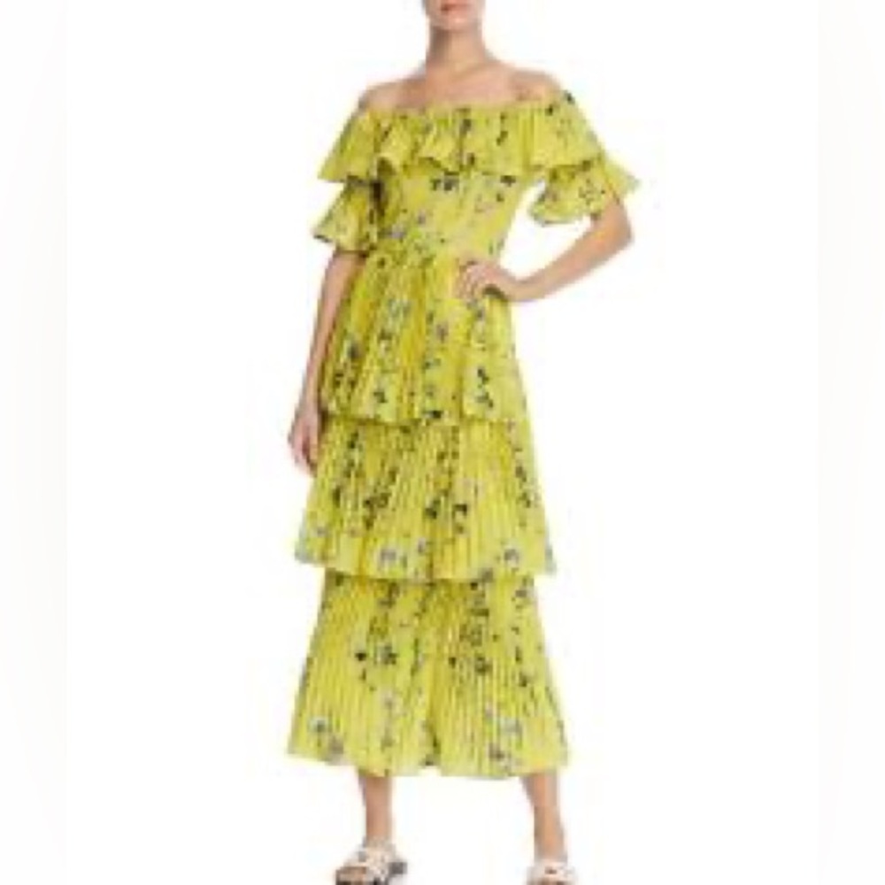 NWOT O.P.T Yellow Floral Off Shoulder Midi Dress Pleated Summer Wedding